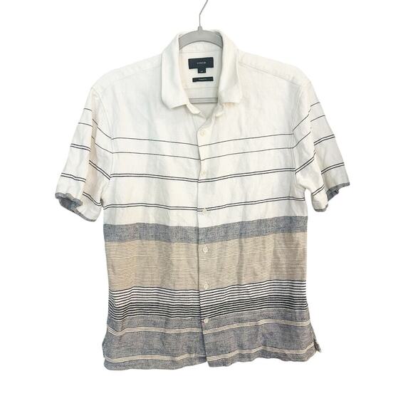Vince Men's Engineered Stripe Short Sleeve Button Down Shirt White Linen Blend - Picture 2 of 7
